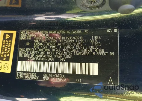 2010 Lexus Rx 350 z USA, uszkodzony, nr VIN 2T2BK1BA0AC073080